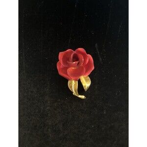 Vintage Cerrito Red Enamel Rose with Gold Tone Leaves Brooch Pin Signed
